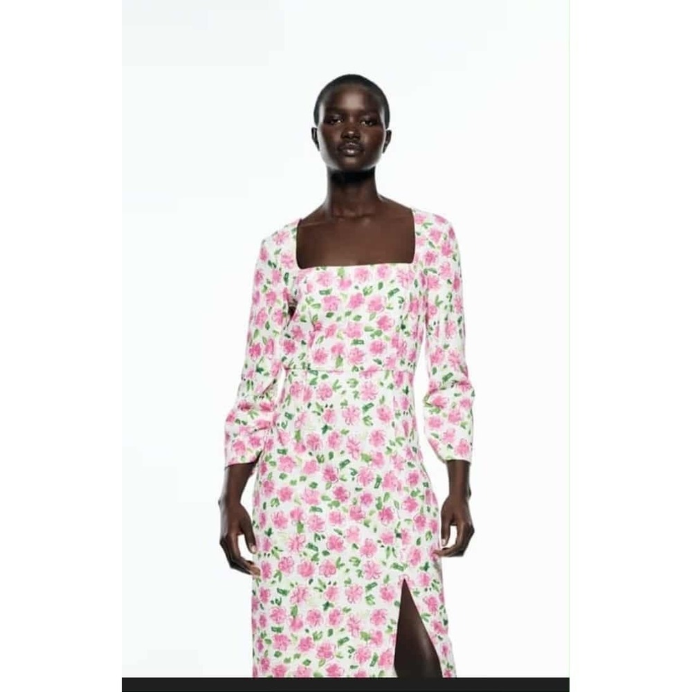 Zara Square Neck Floral Print Midi‎ Dress Pink White Long Sleeve Slit